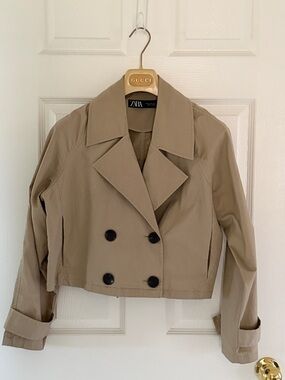 Zara Cropped Double-Breasted Trench Jacket in Khaki